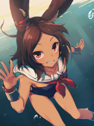 Rule 34 | 1girl, air bubble, animal ears, azur lane, bare shoulders, blue one-piece swimsuit, blush, bow, breasts, brown eyes, brown hair, bubble, collarbone, commentary request, covered erect nipples, cowboy shot, dark-skinned female, dark skin, detached collar, ear ribbon, grin, i-26 (azur lane), light rays, looking at viewer, neckerchief, nontraditional school swimsuit, one-piece swimsuit, open hands, parted bangs, rabbit ears, red neckerchief, ribbon, ribbon-trimmed swimsuit, ribbon trim, sailor collar, school swimsuit, short hair, side-tie swimsuit, sidelocks, small breasts, smile, solo, strapless, strapless one-piece swimsuit, sunbeam, sunlight, swimsuit, underwater, white sailor collar, wristband, youhei 64d