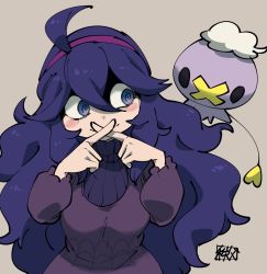 Rule 34 | 1girl, @ @, ahoge, alternate breast size, black eyes, blue eyes, blue hair, blush stickers, breasts, brown background, chichibu (watson), closed mouth, creatures (company), dress, drifloon, fingers to mouth, game freak, gen 4 pokemon, hair between eyes, headband, hex maniac (pokemon), index fingers together, large breasts, long hair, long sleeves, looking to the side, messy hair, nintendo, pokemon, pokemon (creature), pokemon xy, purple dress, sidelocks, signature, simple background, smile, spider web print, standing, turtleneck, upper body, very long hair, x fingers