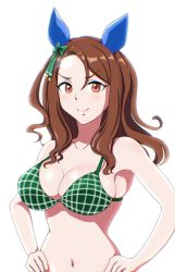 Rule 34 | 1girl, animal ears, bare arms, bare shoulders, bikini, blush, bow, breasts, brown hair, cleavage, collarbone, commentary request, green bikini, green bow, hair between eyes, hair bow, hands on own hips, highres, horse ears, king halo (umamusume), large breasts, looking at viewer, navel, osage gankyou, simple background, smile, solo, stomach, swimsuit, umamusume, upper body, white background