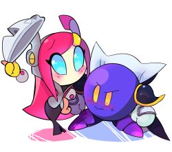 Rule 34 | 1girl, armor, black cape, black skirt, blue eyes, blush, boots, cape, closed mouth, commentary request, embarrassed, full body, gloves, grey jacket, hakaba (ksni tbn), hand up, highres, holding, holding mask, jacket, kirby: planet robobot, kirby (series), long hair, mask, meta knight, nintendo, pink hair, purple footwear, raised eyebrows, rayman limbs, shoulder armor, skirt, solid oval eyes, standing, susie (kirby), sweatdrop, unworn mask, wavy mouth, white gloves, yellow eyes
