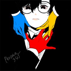 Rule 34 | 3boys, amamiya ren, bad id, bad pixiv id, black background, blue gloves, copyright name, glasses, gloves, limited palette, male focus, multiple boys, parted lips, persona, persona 3, persona 4, persona 5, red gloves, solo focus, yasuu!, yellow gloves