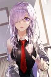 Rule 34 | 1girl, alternate hair length, alternate hairstyle, artist name, black-framed eyewear, breasts, fate/grand order, fate (series), glasses, hair over one eye, hand up, hood, hoodie, indoors, kim eb, large breasts, long hair, looking at viewer, mash kyrielight, necktie, open clothes, open hoodie, open mouth, purple eyes, purple hair, red necktie, shade, smile, solo, twitter username, upper body