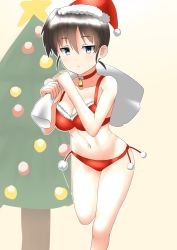 Rule 34 | 1girl, 30-06, bad id, bad pixiv id, bag, bell, bikini, black hair, blue eyes, breasts, carrying over shoulder, christmas, christmas tree, collar, expressionless, fur trim, hat, highres, large breasts, looking at viewer, navel, neck bell, original, red bikini, santa bikini, santa costume, santa hat, short hair, solo, standing, standing on one leg, stomach, swimsuit