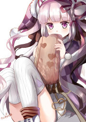 Rule 34 | 1girl, blush, checkered clothes, checkered headwear, commentary request, covered mouth, double bun, dress, fingernails, hair bun, hairband, haku (p&amp;d), hat, heart, highres, holding, long hair, long sleeves, lunacats, pink hair, purple eyes, purple hairband, purple hat, puzzle &amp; dragons, ribbed legwear, ribbed sweater, side bun, simple background, solo, sweater, sweater dress, thighhighs, twitter username, valentine, very long hair, white background, white dress, white thighhighs