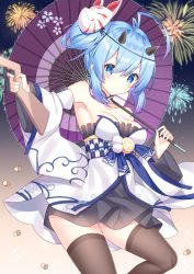 Rule 34 | 1girl, absurdres, ahoge, armpits, azur lane, bare shoulders, black thighhighs, blue hair, breasts, cleavage, closed mouth, collarbone, commentary request, cork, cork gun, detached sleeves, evening, fireworks, fox mask, gun, highres, holding, holding gun, holding umbrella, holding weapon, horns, inazuma (azur lane), inazuma (flash of fireworks) (azur lane), japanese clothes, kimono, long sleeves, mask, mask on head, oil-paper umbrella, oni horns, outdoors, panties, panty peek, short kimono, sidelocks, small breasts, solo, standing, t@ke-g, thighhighs, umbrella, underwear, weapon, wide sleeves