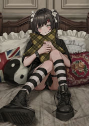 Rule 34 | 1girl, absurdres, ankle boots, black footwear, black hair, black panties, black shirt, boots, bracelet, closed mouth, commentary, cross-laced footwear, english commentary, gishiki (gshk), hair ribbon, highres, hoshimaru, hugging object, jewelry, knees together feet apart, looking at viewer, medium hair, narutaru, on bed, original, panties, pantyshot, pillow, pillow hug, ribbon, shirt, sitting, socks, solo, spiked bracelet, spikes, star-shaped pillow, striped clothes, striped socks, twintails, underwear, white ribbon, yellow eyes, yin yang