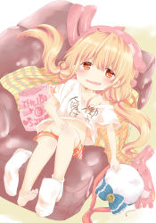 Rule 34 | 10s, 1girl, bad id, bad pixiv id, barefoot, blonde hair, brown eyes, rabbit, clothes writing, couch, feet, futaba anzu, hand on own stomach, hat, highres, idolmaster, idolmaster cinderella girls, low twintails, lying, mani2340, midriff, no shoes, on back, open mouth, shirt, single sock, sock dangle, socks, solo, stuffed toy, t-shirt, teeth, toes, twintails