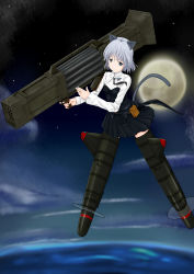 Rule 34 | 1girl, absurdres, animal ears, cat ears, cat tail, cloud, full moon, gogatsu no renkyuu, grey eyes, highres, military, military uniform, moon, night, no legwear, pleated skirt, pouch, rocket launcher, sanya v. litvyak, silver hair, skirt, solo, star (symbol), strike witches, striker unit, tail, uniform, weapon, world witches series