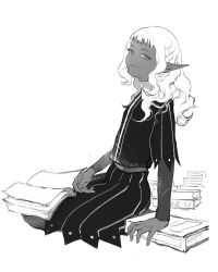 Rule 34 | 1boy, arm support, belt, book, book stack, braid, chinese commentary, closed mouth, dark-skinned male, dark skin, dungeon meshi, elf, french braid, from side, happy, highres, layered sleeves, long hair, long sleeves, looking at viewer, male focus, monochrome, open book, pointy ears, purple eyes, short over long sleeves, short sleeves, side braid, sideways glance, simple background, sitting, smile, solo, thistle (dungeon meshi), wuwangwo94888
