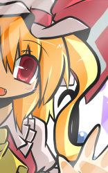Rule 34 | 1girl, against glass, ascot, asymmetrical hair, blonde hair, blush, fang, flandre scarlet, goma (gomasamune), hand on glass, hat, long hair, looking at viewer, mob cap, open mouth, puffy short sleeves, puffy sleeves, red eyes, ribbon-trimmed headwear, ribbon trim, short sleeves, side ponytail, simple background, smile, solo, touhou, white background, wings