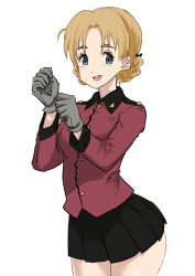 Rule 34 | 1girl, black bow, black skirt, blue eyes, bow, braid, commentary, cowboy shot, epaulettes, girls und panzer, gloves, grey gloves, hair bow, highres, insignia, jacket, long sleeves, looking at viewer, military, military uniform, miniskirt, one-hour drawing challenge, open mouth, orange hair, orange pekoe (girls und panzer), parted bangs, pleated skirt, red jacket, short hair, simple background, skirt, smile, solo, st. gloriana&#039;s military uniform, standing, uniform, white background, yamano rita