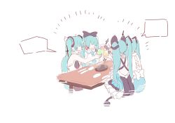 Rule 34 | 4girls, aqua hair, aqua necktie, bare shoulders, black bow, black dress, blank speech bubble, blush stickers, bow, cheering, commentary, cup, dress, drinking glass, faceless, faceless female, hair bow, hair ornament, hatsune miku, headphones, highres, holding, holding cup, kaimo (mi6kai), long hair, magical mirai (vocaloid), magical mirai miku, magical mirai miku (2016), magical mirai miku (2017), magical mirai miku (2018), magical mirai miku (2019), multiple girls, multiple persona, necktie, shirt, sitting, sleeveless, sleeveless shirt, speech bubble, table, twintails, utensil, very long hair, vocaloid, white background, white shirt