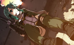 Rule 34 | 1girl, anti-materiel rifle, aqua eyes, aqua hair, black gloves, black shorts, bolt action, breasts, closed mouth, commentary request, dutch angle, evening, fingerless gloves, gloves, green jacket, gun, hair between eyes, hair ornament, hairclip, highres, jacket, long sleeves, medium breasts, pgm hecate ii, rifle, scarf, shikei, short hair, short hair with long locks, short shorts, shorts, sinon, sitting, sniper rifle, solo, sword art online, thighhighs, thighs, weapon