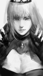 Rule 34 | 1girl, breasts, cape, cleavage, cleavage cutout, clothing cutout, ex-trident, greyscale, highres, hololive, hololive english, looking at viewer, monochrome, mori calliope, parted lips, realistic, sketch, solo, spikes, tiara, virtual youtuber