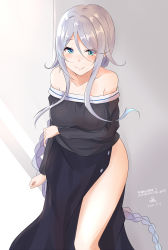 Rule 34 | 1girl, alternate costume, aqua eyes, bare shoulders, black dress, blush, braid, breast hold, breasts, dress, highres, kantai collection, large breasts, leaning forward, looking at viewer, mole, mole under eye, saku (kudrove), silver hair, single braid, solo, translation request, umikaze (kancolle)