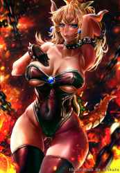 Rule 34 | 1girl, absurdres, artist name, artofkuzu, bare shoulders, black footwear, black gloves, black leotard, blonde hair, blue gemstone, blurry, blurry background, blush, boots, bowsette, bracelet, breasts, brooch, chain, clothing cutout, collar, collarbone, earrings, embers, explosion, fang, fang out, fire, gem, gloves, gluteal fold, green eyes, hair between eyes, hand in own hair, hand on own chest, highres, horns, jewelry, large breasts, leotard, light particles, lipstick, looking at viewer, makeup, mario (series), lava, neck, new super mario bros. u deluxe, nintendo, red lips, shiny clothes, shiny skin, slit pupils, solo, spiked bracelet, spiked collar, spiked shell, spiked tail, spikes, strapless, strapless leotard, super crown, tail, thick thighs, thigh boots, thigh gap, thighhighs, thighs, underboob cutout, wide hips