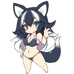 Rule 34 | 1girl, animal ears, bare shoulders, barefoot, black hair, blue eyes, blush stickers, breasts, chibi, cleavage, collarbone, fur collar, gluteal fold, grey wolf (kemono friends), heterochromia, higetora (higeusagi346), kemono friends, large breasts, long hair, looking at viewer, multicolored hair, navel, simple background, smile, solo, swimsuit, tail, two-tone hair, white background, white hair, wolf ears, wolf tail, yellow eyes