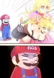 Rule 34 | 1boy, 2girls, absurdres, bare shoulders, black dress, blonde hair, blue eyes, blue overalls, blush, bound, bowsette, bracelet, brown hair, collar, comic, commentary request, crown, dress, facial hair, gloves, hat, highres, horns, icarus (2010741), irony, jewelry, kidnapping, long hair, mario, mario (series), multiple girls, mustache, new super mario bros. u deluxe, nintendo, open mouth, overalls, ponytail, princess peach, red hat, role reversal, running, spiked bracelet, spiked collar, spikes, strapless, strapless dress, super crown, surprised, tail, turtle shell, v-shaped eyebrows, wavy mouth
