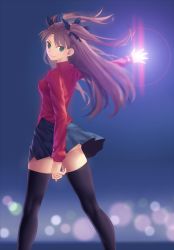 Rule 34 | 1girl, ass, black thighhighs, blue eyes, breasts, brown hair, fate/stay night, fate (series), from behind, glowing, hair ribbon, long hair, long sleeves, looking back, md5 mismatch, revision, ribbon, skirt, smile, solo, thighhighs, tohsaka rin, tsukikanade, twintails, two side up