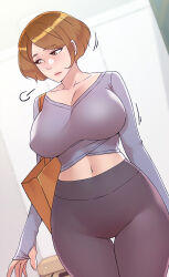1girl all_about_my_best_friend aunt_sujeong bag blunt_ends breasts brown_eyes brown_hair closed_mouth crop_top curvy hip_focus impossible_clothes impossible_shirt large_breasts leggings lips lipstick long_sleeves looking_to_the_side makeup narrow_waist navel non-web_source pants pink_lips shirt short_hair solo_focus sports_bra sportswear swept_bangs thick_eyebrows thick_thighs thighs tote_bag upper_body wide_hips yellow_bag yoga_pants