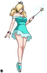 Rule 34 | 1girl, alternate hairstyle, artist name, bangle, bare legs, bare shoulders, blonde hair, blue eyes, bracelet, breasts, crown, dress, earrings, full body, hair over one eye, highres, holding, holding wand, jewelry, large breasts, lips, long hair, looking at viewer, mario (series), nail polish, nintendo, platform footwear, purple nails, revtilian, rosalina, sandals, short dress, simple background, smile, solo, star (symbol), strapless, strapless dress, super mario galaxy, toenail polish, toenails, twintails, wand, white background