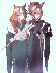 Rule 34 | 2girls, alternate costume, alternate hairstyle, animal ears, arrow (projectile), black kimono, braid, braided ponytail, brown hair, commentary request, ear ornament, feet out of frame, fur-trimmed kimono, fur trim, green background, green kimono, hair between eyes, highres, holding, holding arrow, horse ears, horse girl, horse tail, japanese clothes, kimono, long sleeves, mmm (mmm623), multicolored hair, multiple girls, red hair, simple background, sirius symboli (umamusume), streaked hair, symboli rudolf (umamusume), tail, twitter username, umamusume, white hair, wide sleeves