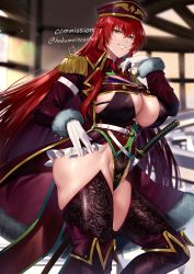 Rule 34 | 1girl, ass, black leotard, black thighhighs, blurry, blurry background, breasts, cape, cleavage, commentary request, commission, epaulettes, frills, fur trim, gloves, gomi (hakumaiteacher), green eyes, grin, hat, high collar, highleg, highleg leotard, highres, jacket, large breasts, leotard, long hair, military, military hat, military jacket, military uniform, original, red hair, rias gremory, sheath, sheathed, skeb commission, smile, standing, sword, thighhighs, thighs, uniform, weapon, white gloves