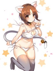 Rule 34 | 10s, 1girl, animal ears, bell, blush, bra, breasts, brown eyes, brown hair, cat cutout, cat ear panties, cat ears, cat lingerie, cat tail, cleavage, cleavage cutout, closed mouth, clothing cutout, collar, girls und panzer, grey thighhighs, highres, icomochi, jingle bell, kemonomimi mode, leg up, looking at viewer, medium breasts, medium hair, meme attire, navel, neck bell, nishizumi miho, panties, paw pose, short shorts, shorts, side-tie panties, simple background, smile, solo, star (symbol), tail, tail bell, tail ornament, thighhighs, underwear, white bra, white panties, wrist cuffs