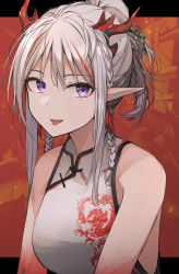 Rule 34 | 1girl, absurdres, arknights, arm tattoo, braid, china dress, chinese clothes, colored skin, commentary, dragon horns, dress, female focus, folded ponytail, hair ornament, highres, horns, kiyakyuu, long hair, looking at viewer, multicolored hair, nian (arknights), nian (unfettered freedom) (arknights), official alternate costume, pointy ears, purple eyes, red hair, red skin, sidelocks, sleeveless, sleeveless dress, solo, streaked hair, tattoo, tongue, tongue out, upper body, white dress