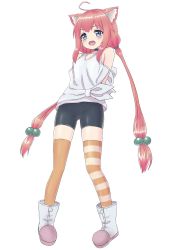 Rule 34 | 1girl, ahoge, animal ears, arms behind back, bike shorts, blue eyes, boots, cat ears, choker, full body, hair bobbles, hair ornament, highres, hinata channel, jd (bibirijd), long hair, low twintails, nekomiya hinata, open mouth, orange thighhighs, pink hair, shirt, shorts, simple background, smile, solo, striped clothes, striped thighhighs, tank top, thighhighs, twintails, virtual youtuber, white background, white footwear, white shirt