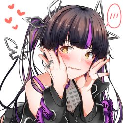 Rule 34 | 1girl, black hair, black jacket, black shirt, blouse, blunt bangs, blush, breasts, cleavage, commentary request, cross-laced clothes, cross-laced sleeves, dameyoshi, demon girl, demon horns, demon tail, hands on own cheeks, hands on own face, heart, heart print, highres, horns, jacket, jewelry, kojo anna, kojo anna (1st costume), long hair, long sleeves, looking at viewer, multicolored hair, nanashi inc., off shoulder, open mouth, pointy ears, print shirt, purple hair, ring, russian text, see-through, see-through cleavage, see-through shirt, shirt, simple background, sleeveless, sleeveless shirt, solo, spoken blush, sugar lyric, tail, twintails, two-tone hair, upper body, virtual youtuber, white background, yellow eyes