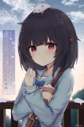 Rule 34 | 1girl, 2021, animal, animal on head, bad id, bad pixiv id, black hair, black skirt, blue bow, blue bowtie, blue jacket, blue sailor collar, blue sky, bow, bowtie, closed mouth, cloud, commentary, day, english commentary, fence, food, granblue fantasy, happy new year, highres, holding, holding food, jacket, linez, looking at viewer, mochi, mouse (animal), new year, on head, open clothes, open jacket, outdoors, pleated skirt, red eyes, sailor collar, shirt, skirt, sky, smile, snow, solo, vikala (granblue fantasy), white shirt