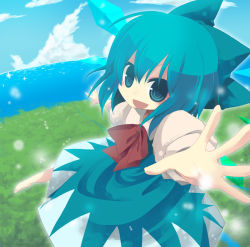 Rule 34 | 1girl, barefoot, blue eyes, blue hair, bow, cirno, cloud, day, dress, embodiment of scarlet devil, fairy, female focus, flying, foreshortening, forest, horizon, matching hair/eyes, nature, ocean, open mouth, outdoors, outstretched arms, ribbon, river, sky, smile, solo, spread arms, team shanghai alice, touhou, yuzuki gao