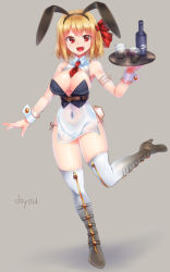 Rule 34 | 1girl, aged up, alternate breast size, alternate costume, animal ears, arm garter, blonde hair, blush, boots, bottle, breasts, cleavage, covered navel, cup, detached collar, doyouwantto, fang, female focus, full body, high heel boots, high heels, large breasts, looking at viewer, necktie, open mouth, panties, rabbit ears, rabbit girl, rabbit tail, red eyes, red necktie, rumia, short hair, short necktie, side-tie panties, simple background, smile, solo, tail, thigh boots, thighhighs, touhou, tray, underwear, wrist cuffs, zipper