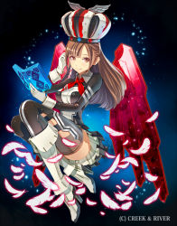 Rule 34 | 1girl, blush, book, boots, breasts, brown eyes, brown hair, english text, feathers, full body, gloves, glowing, hat, high heels, highres, hirobee, holding, holding book, knee boots, light particles, long hair, long skirt, looking at viewer, open book, original, pleated skirt, shirt, skirt, solo, thighhighs, water, white gloves, wings