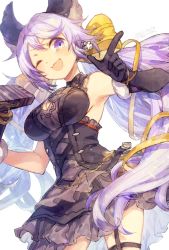 Rule 34 | 1girl, animal ears, asymmetrical gloves, black dress, black gloves, breasts, dated, dress, gloves, granblue fantasy, kiwr, large breasts, long hair, microphone, purple eyes, purple hair, satyr (granblue fantasy), signature, thigh strap, twintails, white background