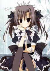 Rule 34 | 1girl, alternate costume, black bow, black bowtie, black dress, black eyes, black hair, blush, bow, bowtie, curtains, dress, ebiten (manga), enmaided, frills, hairband, hand on another&#039;s chin, hand on own chin, highres, inugami kira, knees up, long hair, looking at viewer, maid, maid headdress, official art, puffy short sleeves, puffy sleeves, short sleeves, sitting, solo, tareme, thighhighs, todayama izumiko, wrist cuffs
