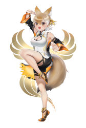 Rule 34 | animal ears, beleven, bike shorts, black footwear, black shorts, black sleeves, blush, bow, cleavage cutout, clothing cutout, cosplay, coyote (kemono friends), detached sleeves, extra ears, fighting stance, flats, hair between eyes, hair bow, high collar, highres, kemono friends, kemono friends v project, light brown hair, ling xiaoyu, ling xiaoyu (cosplay), multicolored hair, open mouth, orange footwear, shirt, short hair, shorts, sidelocks, smile, standing, standing on one leg, tail, tekken, tekken 8, two-tone footwear, virtual youtuber, white hair, white shirt, wolf ears, wolf girl, wolf tail, yellow bow, yellow eyes