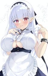 Rule 34 | 1girl, absurdres, apron, arms up, azur lane, black skirt, blush, breasts, cleavage, cleavage cutout, clothing cutout, dido (azur lane), earrings, finger to mouth, highres, jewelry, kisahipi, large breasts, long hair, looking at viewer, maid, maid headdress, red eyes, shirt, skirt, smile, solo, stud earrings, underboob, upper body, waist apron, white apron, white hair, white shirt