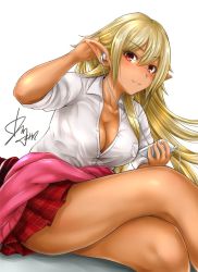 Rule 34 | 1girl, blonde hair, breasts, cleavage, clothes around waist, dark skin, dark-skinned female, elf, female focus, gyaru, large breasts, long hair, looking at viewer, okumori boy, plaid, plaid skirt, pointy ears, red eyes, signature, simple background, sitting, skirt, smile, solo, sweater, sweater around waist, thighs, white background