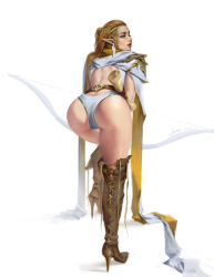 Rule 34 | 1girl, absurdres, ass, ass focus, belt, blonde hair, blue eyes, bow (weapon), cross-laced footwear, earrings, elf, feather earrings, feathers, high heels, highres, jewelry, jingyu wen, looking at viewer, looking back, original, pointy ears, ponytail, scroll, shoulder pads, simple background, thong, weapon