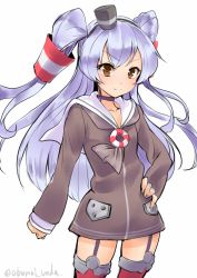 Rule 34 | 10s, 1girl, amatsukaze (kancolle), brown eyes, dress, highres, kantai collection, long hair, sailor dress, silver hair, simple background, solo, standing, thighhighs, tori kaku, two side up