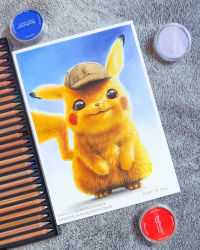 Rule 34 | absurdres, art tools in frame, blondynkitezgraja, brown eyes, clothed pokemon, colored pencil, colored pencil (medium), creature, creatures (company), detective pikachu, detective pikachu (character), detective pikachu (movie), full body, game freak, gen 1 pokemon, hat, highres, nintendo, no humans, pencil, photo (medium), pikachu, pokemon, pokemon (creature), realistic, signature, solo, standing, traditional media, watermark, web address