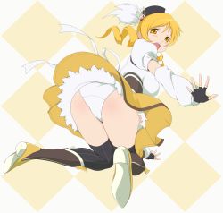 Rule 34 | 10s, 1girl, :o, argyle, argyle background, argyle clothes, ass, black thighhighs, blonde hair, breasts, brown eyes, drill hair, fingerless gloves, full body, gloves, hat, highres, large breasts, long hair, magical girl, mahou shoujo madoka magica, mahou shoujo madoka magica (anime), meea, open mouth, panties, pinstripe legwear, pinstripe pattern, solo, striped, thighhighs, thighs, tomoe mami, twin drills, underwear, upskirt, white panties