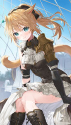Rule 34 | 1girl, absurdres, animal ears, aqua eyes, armor, warrior of light (ff14), blonde hair, blush, boots, bow, breasts, cat ears, cat tail, elbow gloves, facial mark, final fantasy, final fantasy xiv, gloves, hair bow, highres, long hair, looking at viewer, medium breasts, miqo&#039;te, ponytail, shoulder armor, single elbow glove, sitting, slit pupils, smile, solo, tail, whisker markings, yana mori
