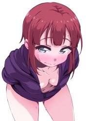 Rule 34 | 10s, 1girl, arms behind back, ayumu-k, blue eyes, blush, breasts, collarbone, commentary request, downblouse, embarrassed, extended downblouse, highres, kosaka yukiho, looking at viewer, love live!, love live! school idol project, navel, nervous smile, no bra, no pants, pussy juice, red hair, short hair, simple background, small breasts, smile, solo, sweatdrop, white background