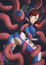 Rule 34 | 1girl, anus, ass, bodysuit, brown eyes, brown hair, censored, d.va (overwatch), doggystyle, headgear, highres, huge ass, imminent penetration, imminent rape, looking at viewer, looking back, overwatch, pussy, restrained, sex from behind, tentacles, the tentacle professor, torn bodysuit, torn clothes