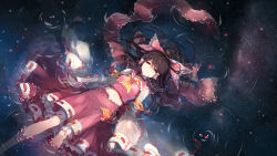 Rule 34 | 1girl, bandages, bow, brown eyes, brown hair, detached sleeves, embellished costume, female focus, hair bow, hair tubes, hakurei reimu, highres, kieta, long hair, midriff, night, open mouth, partially submerged, reflection, skirt, sky, solo, star (sky), starry sky, touhou, water, wide sleeves