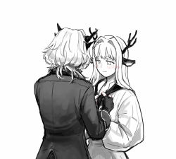 Rule 34 | 2girls, adjusting neckerchief, alina (arknights), animal ears, antlers, arknights, blush, commentary, deer antlers, deer ears, deer girl, dragon horns, dress, fingerless gloves, gloves, greyscale, hair intakes, horns, jacket, long sleeves, monochrome, multiple girls, neckerchief, silverxp, simple background, smile, spot color, symbol-only commentary, talulah (arknights), upper body, white background