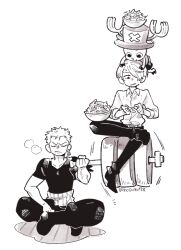 Rule 34 | 3boys, antlers, artist name, belt, bowl, cigarette, closed eyes, collarbone, collared shirt, commentary request, crossed legs, curly eyebrows, earrings, exercising, food, frown, full body, greyscale, hair over one eye, haramaki, hat, holding, holding food, horns, jewelry, lifting person, light smile, long bangs, long sleeves, male focus, mitsubachi koucha, monochrome, multiple boys, muscular, muscular male, one piece, partial commentary, reindeer, reindeer antlers, roronoa zoro, sanji (one piece), shirt, short hair, short sleeves, simple background, single earring, sitting, sitting on person, tony tony chopper, v-shaped eyebrows, veins, weightlifting, white background